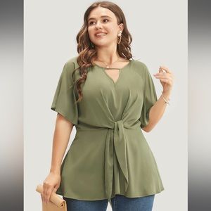 BloomChic Plain Keyhole Knotted Front Ruffle Sleeve Blouse